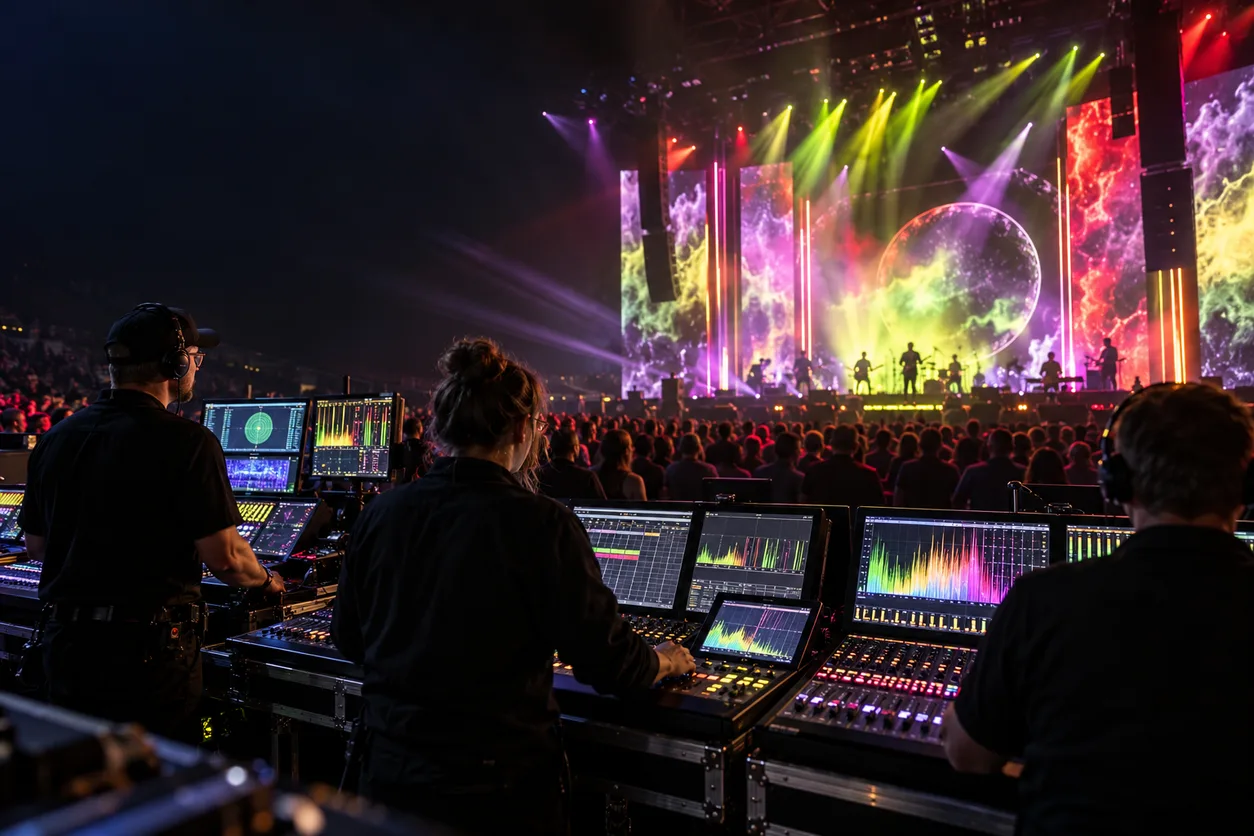 Equipo de producción coordinando el armado de un escenario antes de un show