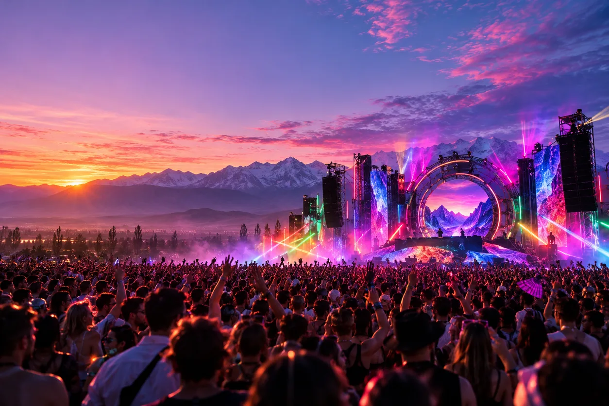 Fiesta al aire libre al amanecer con cielo rosa y violeta sobre las montañas y gente bailando