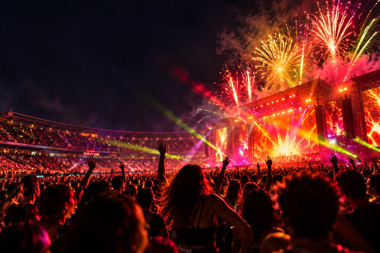 Estadio lleno de gente bailando bajo luces rojas y anaranjadas durante un recital nocturno