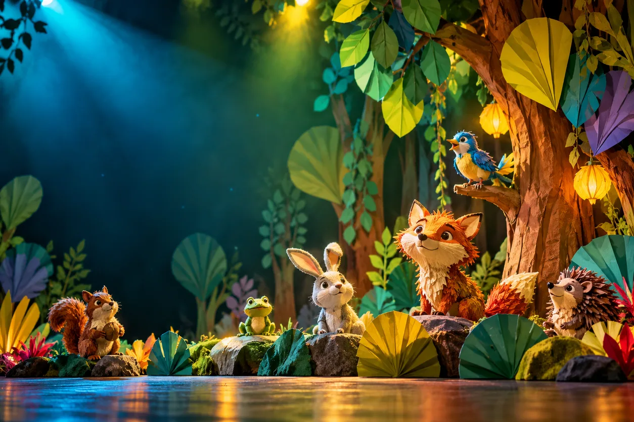 Escenario infantil con un bosque de papel colorido, títeres y animales amigables