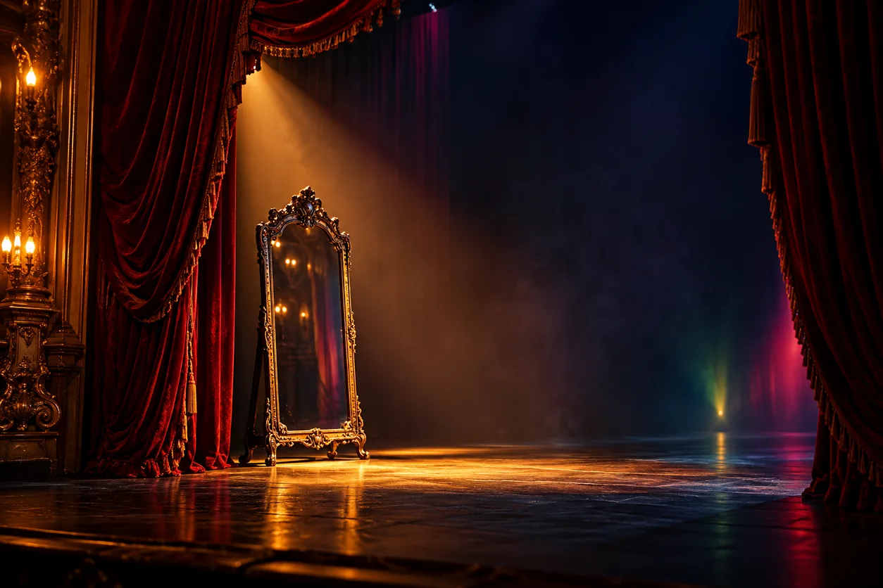Escenario de teatro con telón de terciopelo rojo y un espejo antiguo iluminado por un reflector