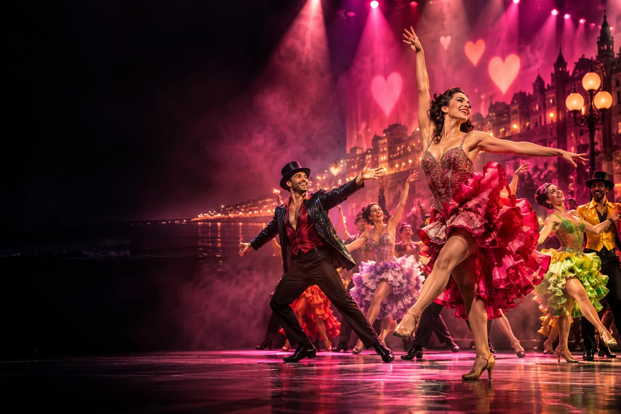 Bailarines con vestuario colorido en un escenario con reflectores rosados y luces en forma de corazón