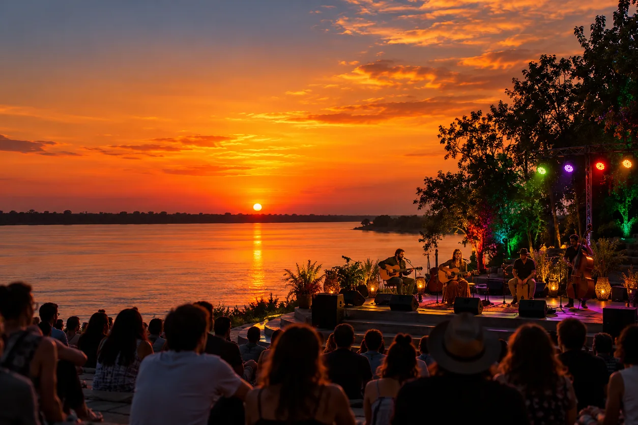Anfiteatro junto a un río al atardecer con cielo anaranjado y músicos folklóricos en escena