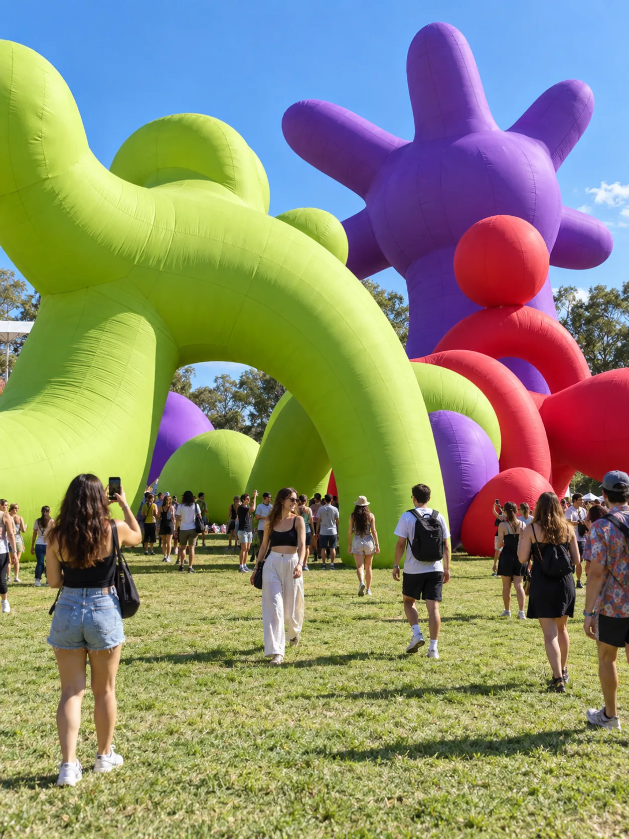 Instalación de arte colorida del festival con un mural gigante y gente sacándose fotos