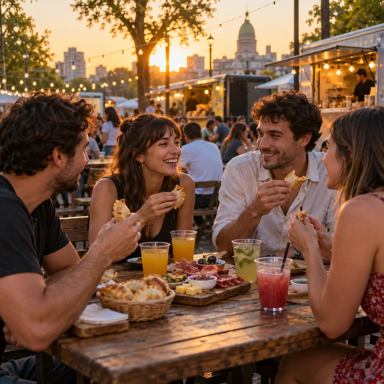 Puestos de comida del festival con gente comiendo y brindando en mesas al aire libre